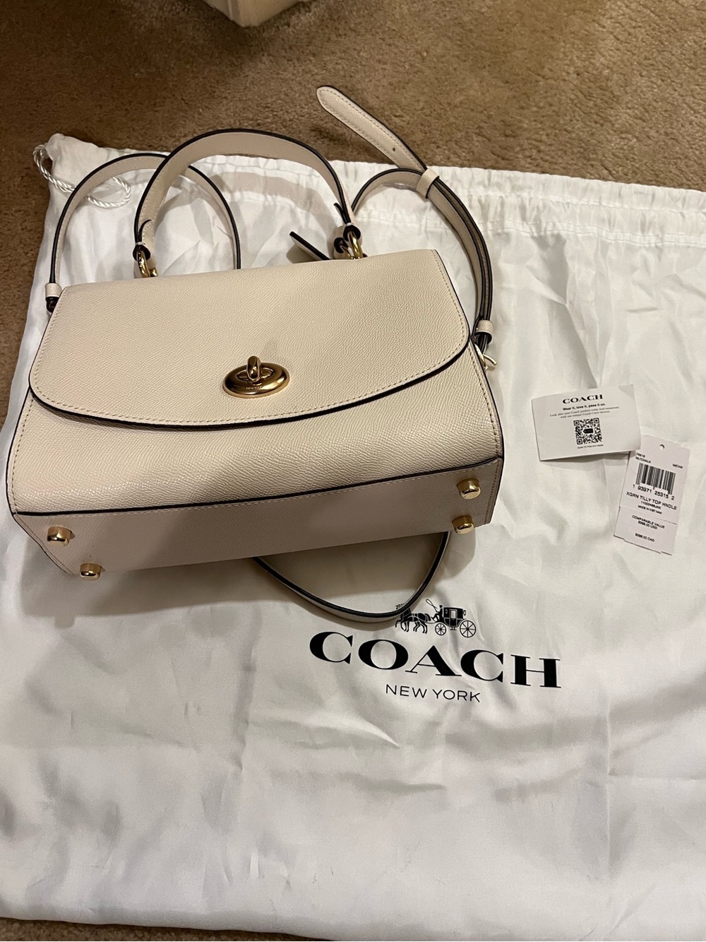 Coach Cream Pebbled Leather Tilly Top-Handle Satchel with Strap